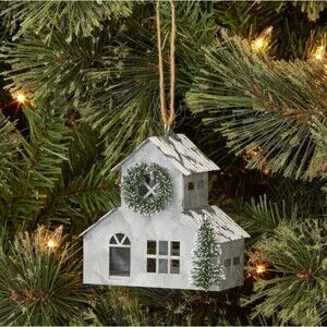 Metal Galvanized House with Wreath & Steeple Ornament